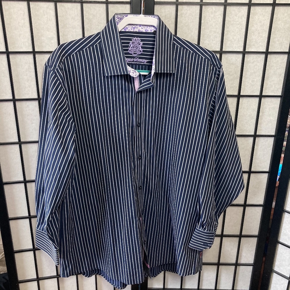 English Laundry Navy Pinstripe Button Down w/ Pink Floral Cuffs and Coll…